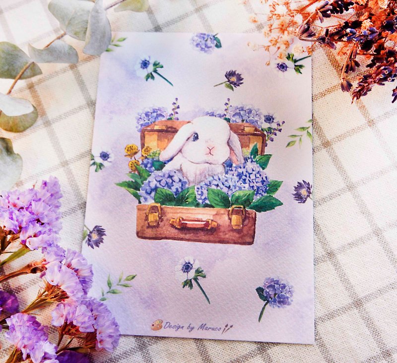 绣球花白兔-厚水彩纸明信片 - 卡片/明信片 - 纸 紫色