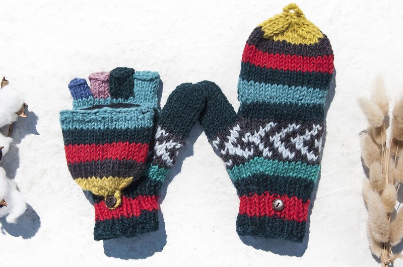 手织纯羊毛针织手套/可拆卸手套/内刷毛手套/保暖手套-色块调色板 - 手套 - 羊毛 多色