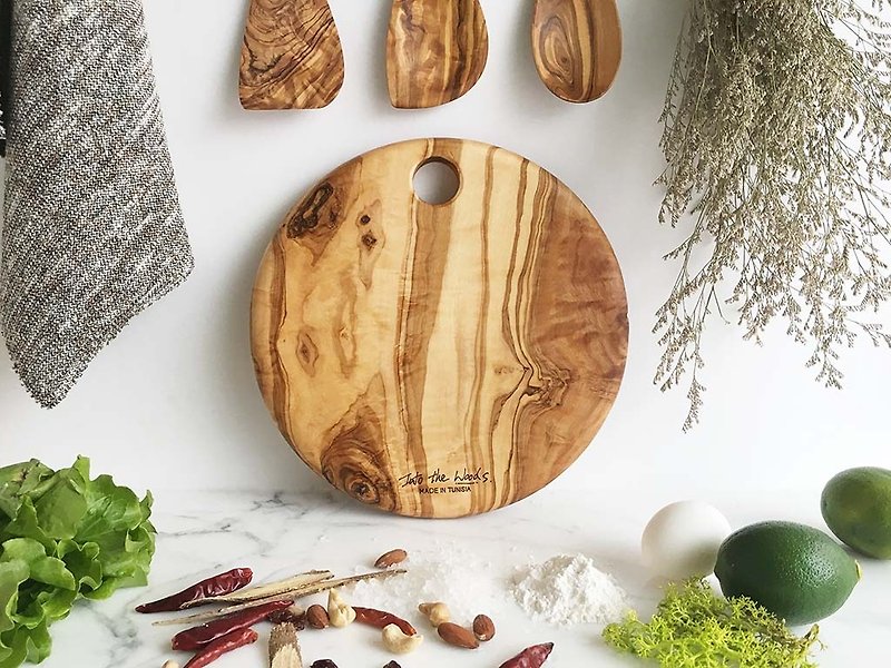 经典圆形 橄榄木砧板 热垫 上菜 料里 - 厨房用具 - 木头 咖啡色
