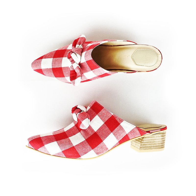 音乐主题 第2号 Country 美式乡村 穆勒鞋 红白格 野餐风 原创 - 女款休闲鞋 - 真皮 红色