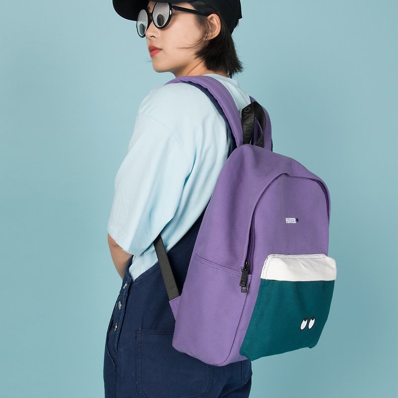 KIITOS东京爱情新款撞色刺绣印花后背包--紫色HATER眼睛款双肩包 - 侧背包/斜挎包 - 棉．麻 紫色