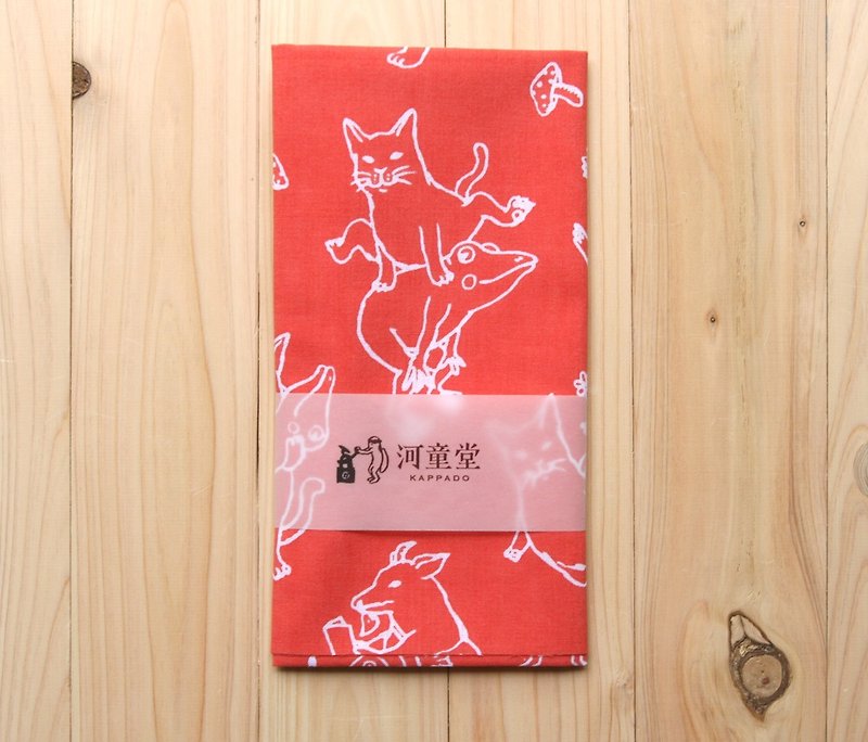 猫とカエルの手ぬぐい　紅色 - 丝巾 - 棉．麻 红色