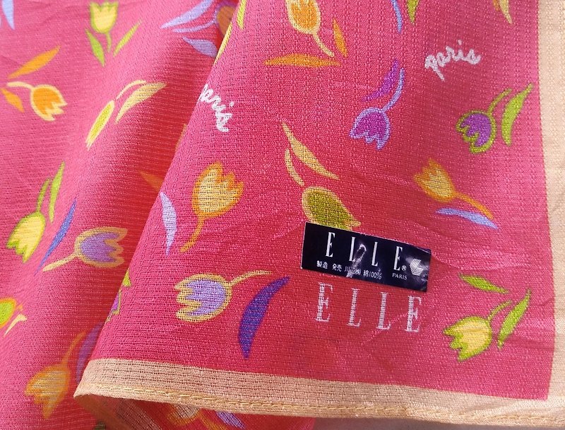 ELLE Paris Vintage Handkerchief Women Handkerchief Tulips Gift 18 x 18 inches - 手帕/方巾 - 棉．麻 粉红色