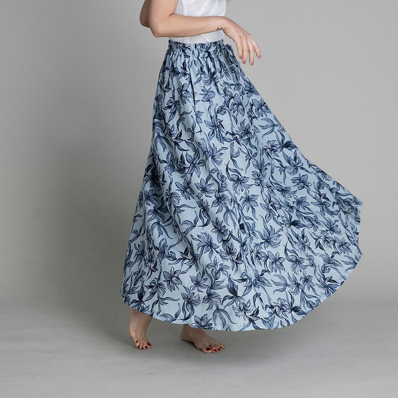 抽绳长裙 maxi skirt - 印花 - 裙子 - 棉．麻 蓝色