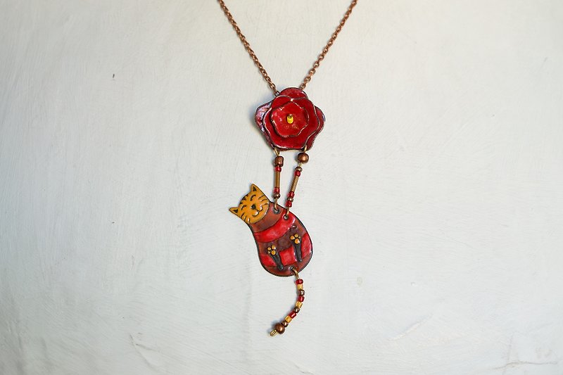 Brown Cat Red Rose, Enamel Necklace, Cat With Rose, Cat Necklace, Rose Necklace - 项链 - 珐琅 红色
