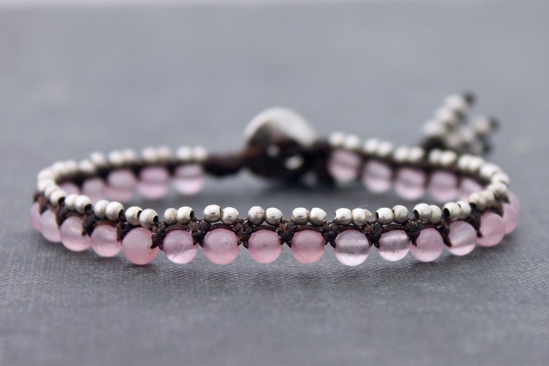 串珠石银手镯玫瑰石英粉红石Macrame手链 - 手链/手环 - 宝石 粉红色