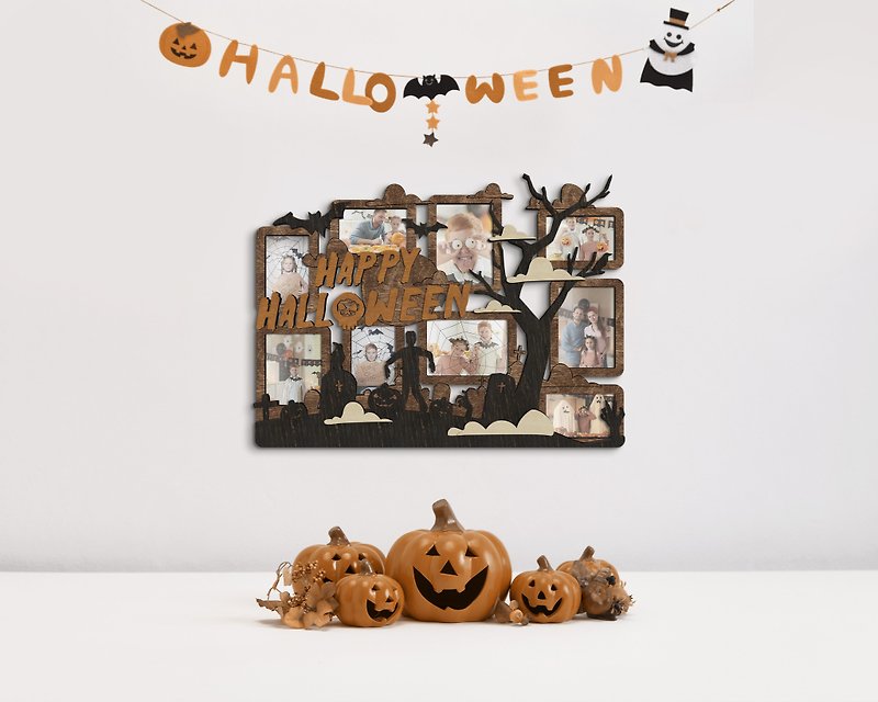 Halloween photo frame collage Unique holiday decorations 9 frame photo gallery - 墙贴/壁贴 - 木头 多色