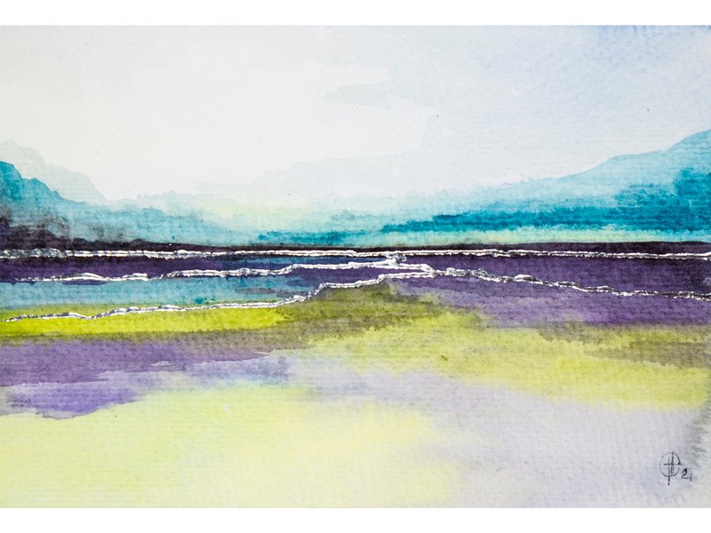 Lavender Field Painting Abstract Landscape Original Art Purple Watercolor Art - 海报/装饰画/版画 - 纸 紫色