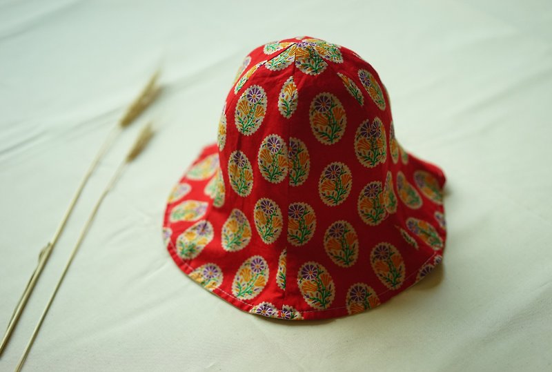 小童帽子-handblock red floral print - 婴儿帽/发带 - 棉．麻 红色