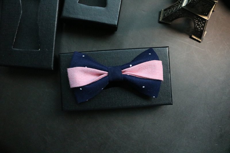 深藍色波點拼接粉色全新撞色系列英倫風領結 - 领结/领巾 - 棉．麻 粉红色
