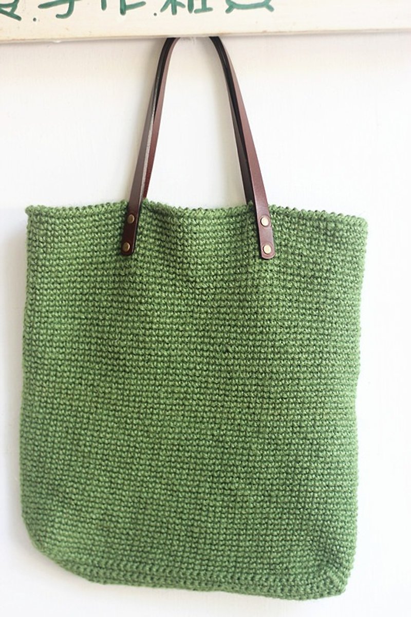 【好日手作】Handmade。手织墨绿麻线真皮／钢琴包／A4包／圣诞礼物 - 手提包/手提袋 - 棉．麻 绿色