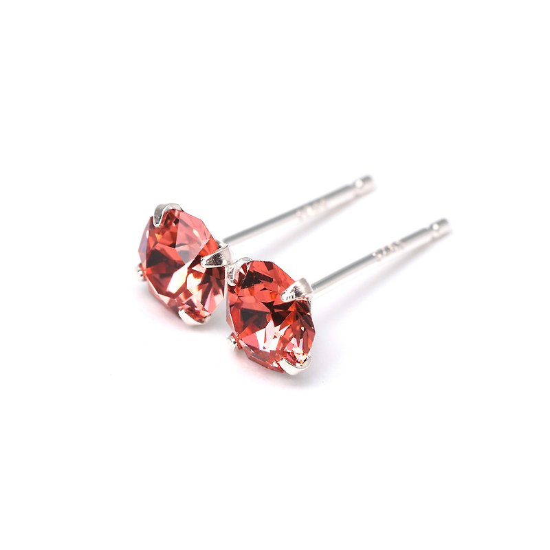 Padparadscha Pink Crystal Earrings - Sterling Silver - 5mm, 6mm round - For Her - 耳环/耳夹 - 纯银 粉红色