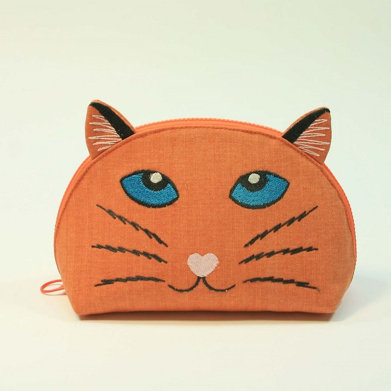 刺绣 贝壳化妆包02-猫头 - 化妆包/杂物包 - 棉．麻 橘色