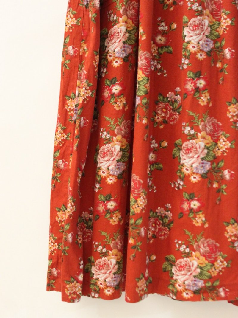 复古夏日本制花朵碎花砖红色棉质短袖古着洋装 - 洋装/连衣裙 - 棉．麻 红色