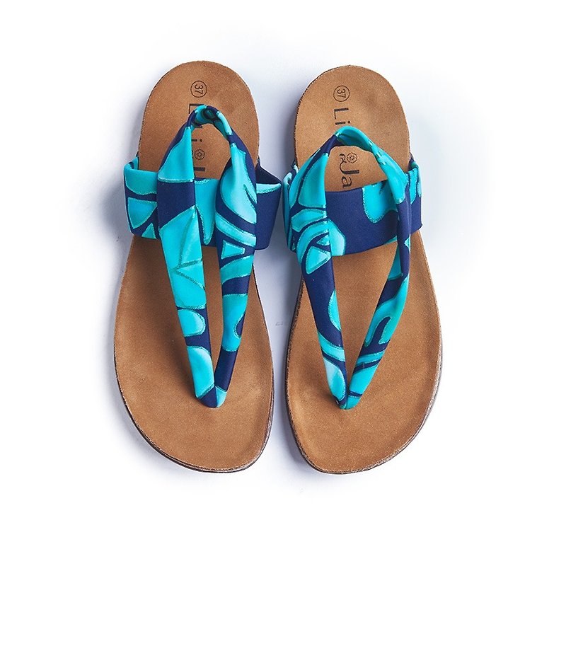 【夏季的旅行】高弹力莱卡花布软木拖鞋_翡冷翠 - 女款休闲鞋 - 其他材质 蓝色