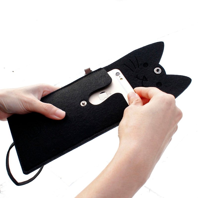 打开一只猫-猫咪手机包Portable package/附颈带-Black Cat 黑猫 - 化妆包/杂物包 - 羊毛 黑色