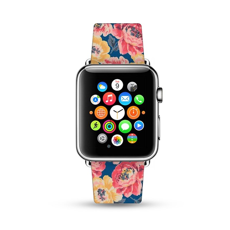 Apple Watch 真皮手表带, 适用于所有型号,怀旧鲜花花纹蓝色 -003 - 表带 - 真皮 蓝色
