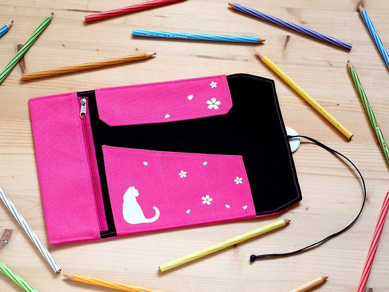 樱花猫卷笔袋(桃红) - 铅笔盒/笔袋 - 棉．麻 粉红色