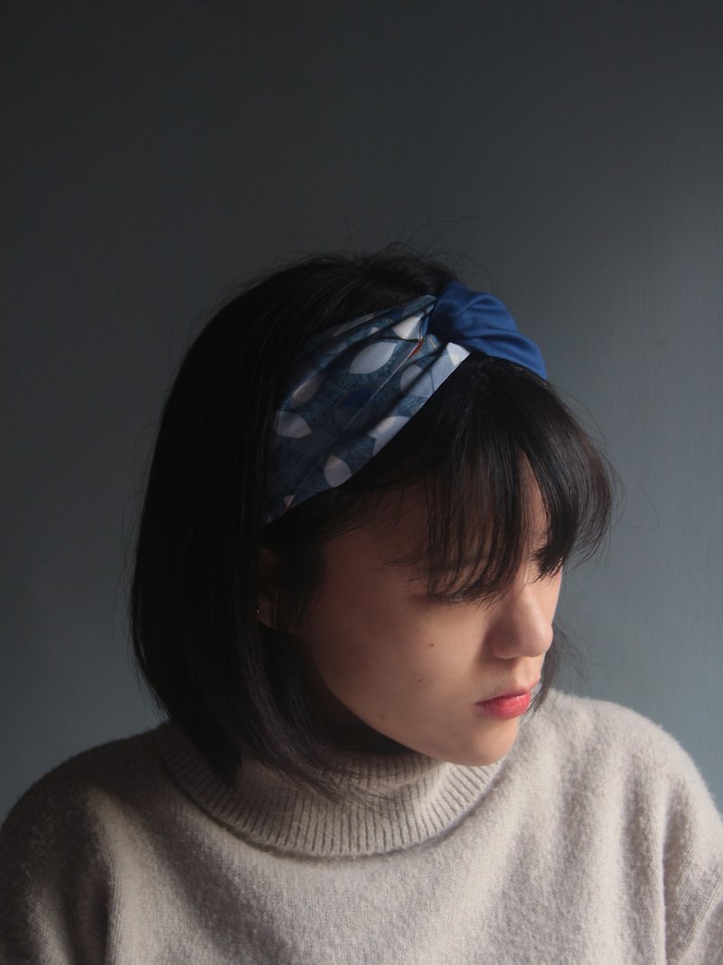 冬叶 拼色 日本烫金 手工十字松紧发带 - 发带/发箍 - 棉．麻 蓝色
