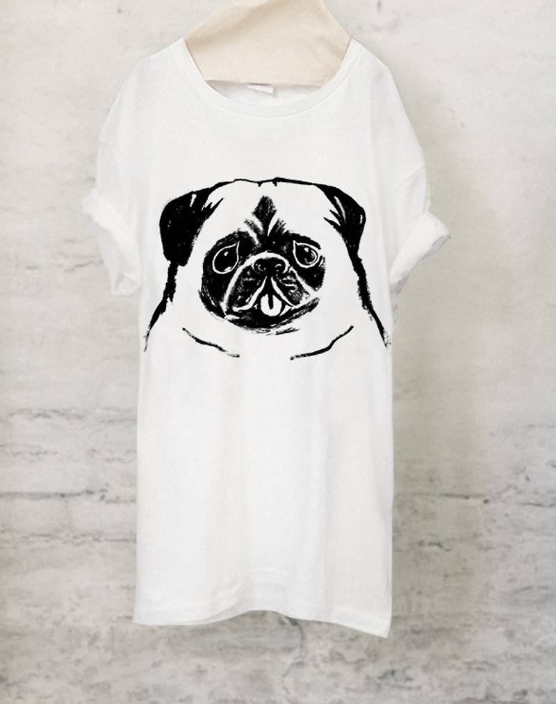 パグ Tシャツ Pug T-shirt (White/Gray)【DOG】 - 男装上衣/T 恤 - 棉．麻 白色