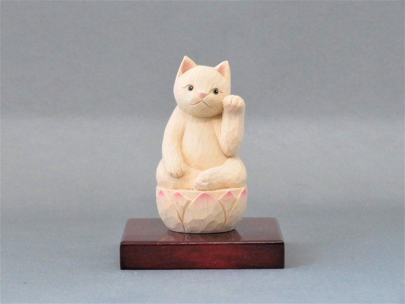 木彫り　左手で招き猫　猫仏2004 - 玩偶/公仔 - 木头 白色
