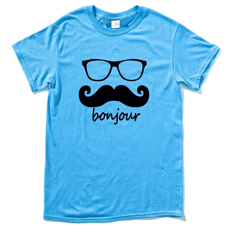 bonjour 男女短袖T恤 蓝色 法国 胡子 胡须 复古 眼镜 文青 原创 - 男装上衣/T 恤 - 棉．麻 蓝色