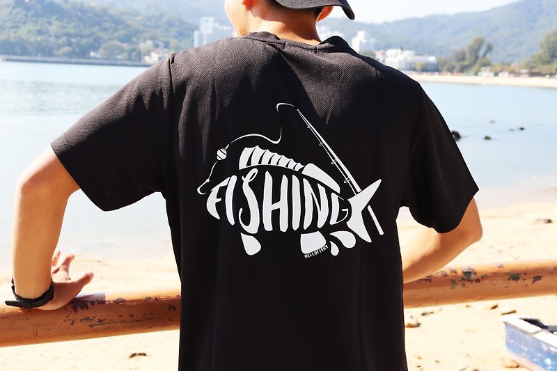 Hellofishy/ Time for Fishing/快干 T-shirt - 中性连帽卫衣/T 恤 - 聚酯纤维 黑色