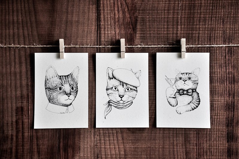 猫肖像系列卡片－秀气猫 / 贝蕾帽猫 / 马丁尼猫 / 明信片 - 卡片/明信片 - 纸 白色