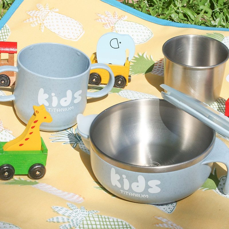 纯钛儿童学习杯注水碗两件组(双层 双耳杯+注水碗)-石灰蓝 - 便当盒/饭盒 - 其他材质 蓝色