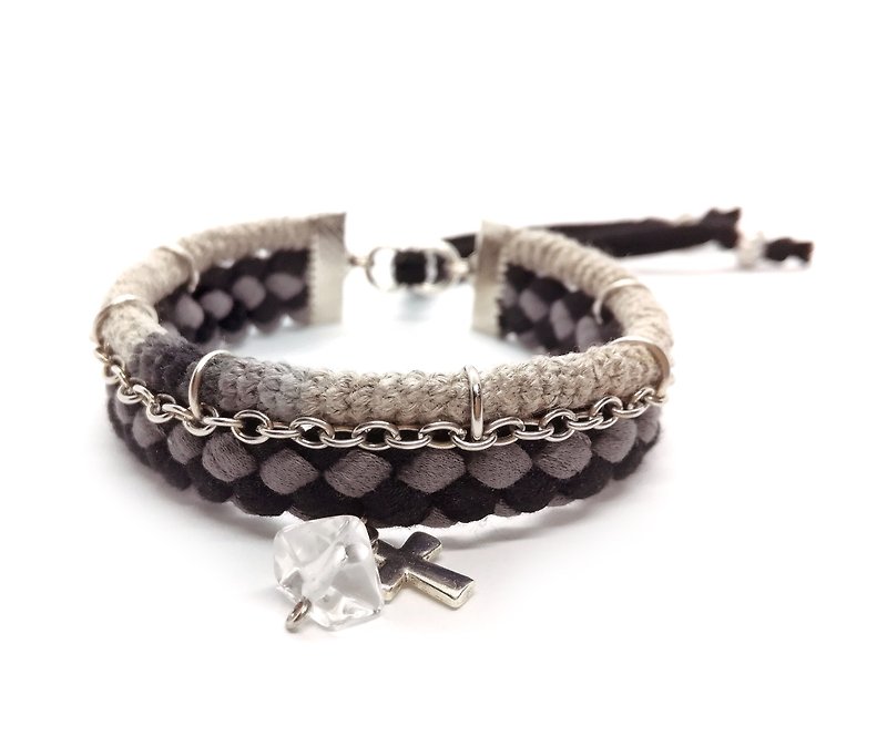 Black Grey Cross Bracelet for Men Quartz Bead - 手链/手环 - 棉．麻 黑色