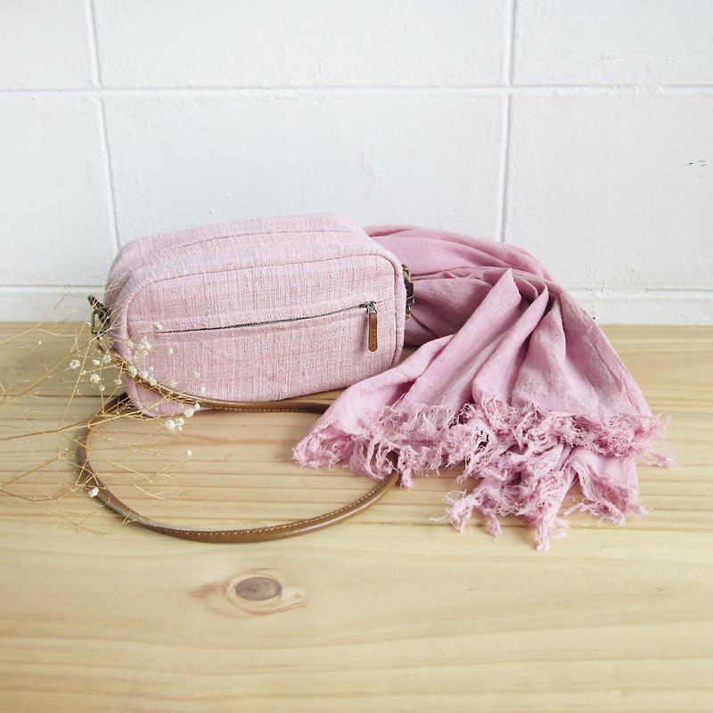 Goody Bag / Cross-body Little Tan Width Bags  with Thai Saloo Cotton Scarf in Pink Color - 侧背包/斜挎包 - 棉．麻 粉红色
