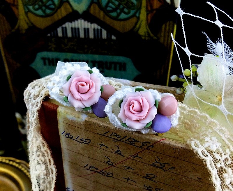 花嫁玫瑰手工耳环耳夹-淡粉玫瑰 - 耳环/耳夹 - 其他材质 粉红色