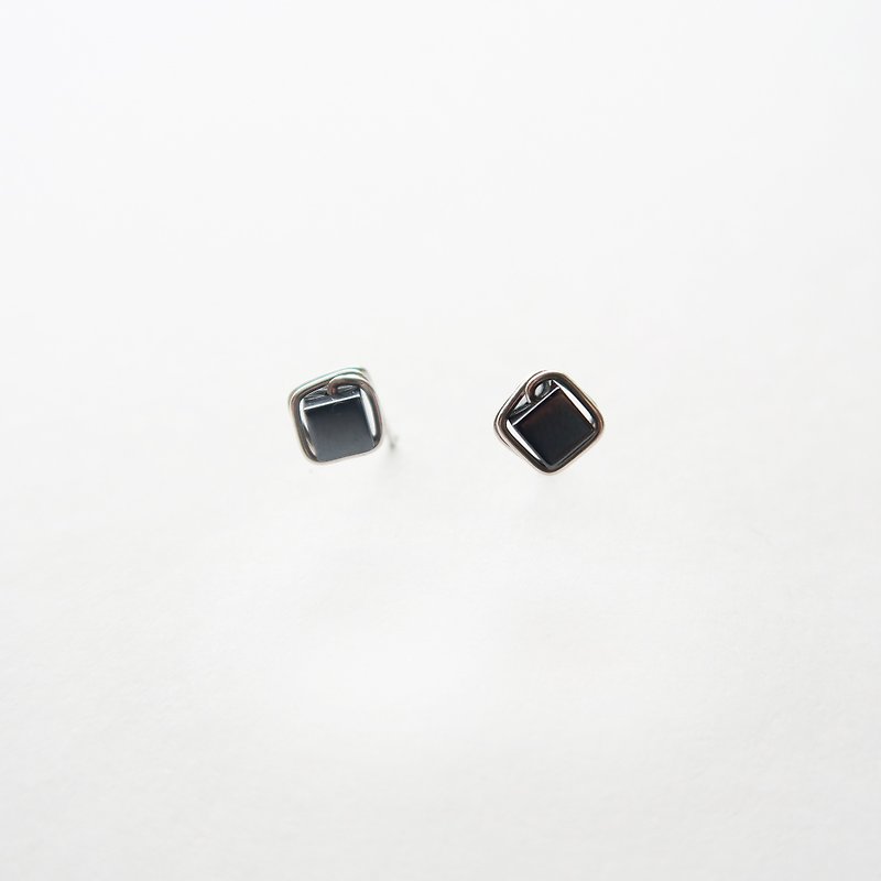 925纯银 几何方块 铁胆石 耳环 或 耳夹 一对 - 耳环/耳夹 - 纯银 黑色