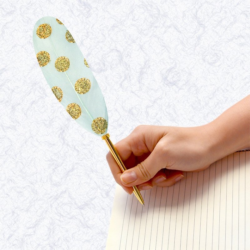 日本Quill Pen 羽毛原子笔Gold奢华系列 G07 羽毛笔 薄荷点点 - 圆珠笔/中性笔 - 其他材质 绿色