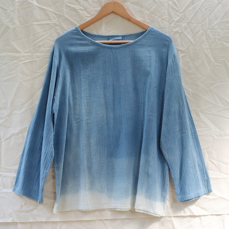 linnil: indigo long-sleeve shirt / natural dye / cotton - 女装上衣 - 棉．麻 蓝色