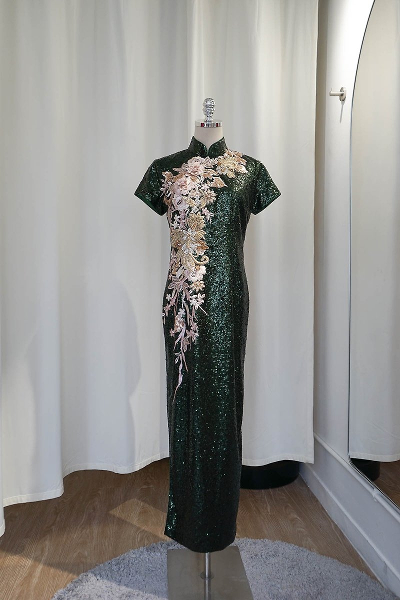 绿色珠片蕾丝花旗袍裙 | 晚装礼服 | 新娘旗袍 - 旗袍 - 聚酯纤维 绿色