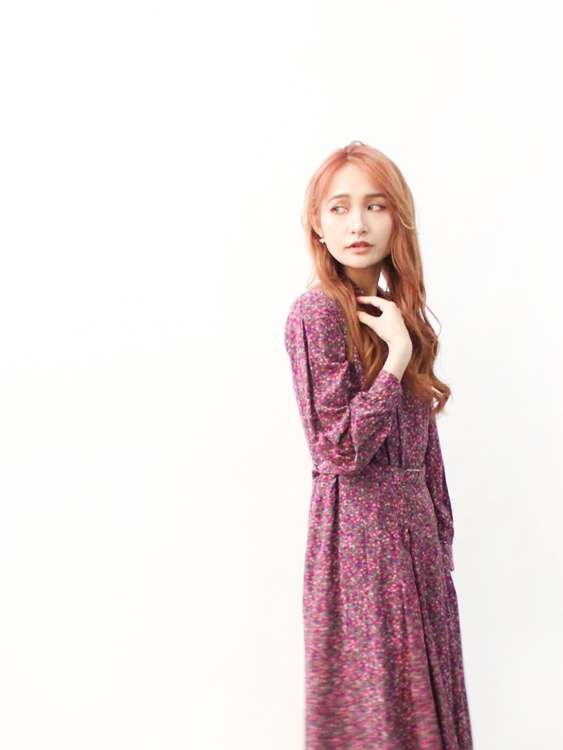 日本制复古典雅紫红色碎花点点长袖古着洋装 Japanese Vintage Dress -特 - 洋装/连衣裙 - 聚酯纤维 紫色