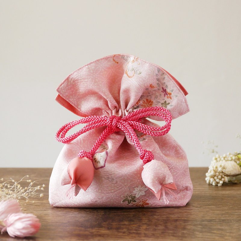 着物　巾着　打ち出の小槌文　幸せを呼ぶFUGURO - 化妆包/杂物包 - 棉．麻 粉红色