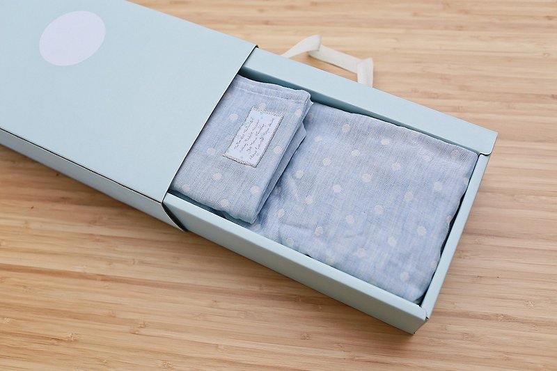 【弥月礼盒】棉花糖 手工有机棉二纱床包组 - 满月礼盒 - 棉．麻 蓝色