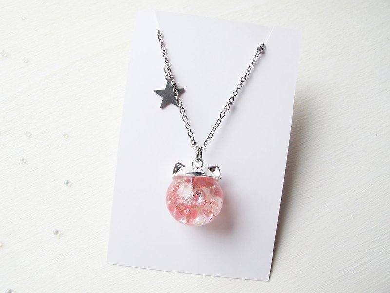 Rosy Garden 小猫咪淡粉红色水晶流动玻璃球项链 银色链 - 颈链 - 玻璃 粉红色