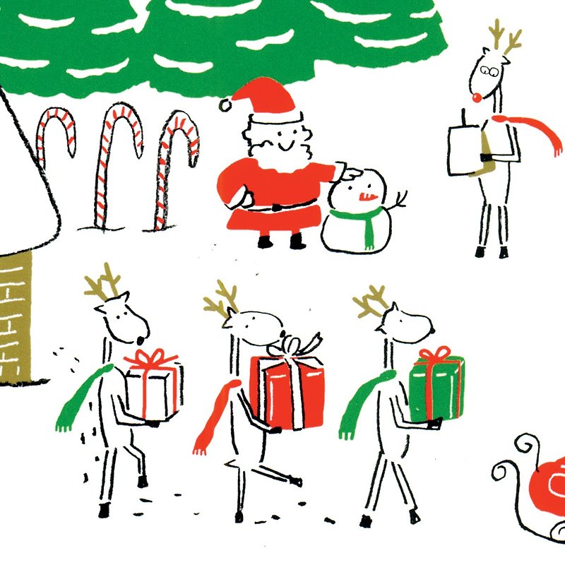 圣诞卡-2021圣诞老人与麋鹿日常圣诞明信片10号-麋鹿上工 - 卡片/明信片 - 纸 金色