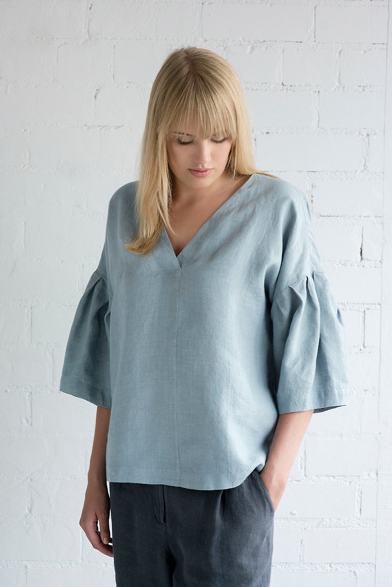 Linen Blouse Motumo – 17P2 / Handmade loose linen summer blouse with 3/4 sleeves - 女装衬衫 - 亚麻 
