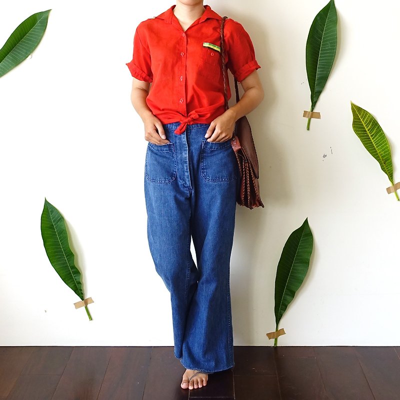 BajuTua /古着/ 70's 大红色中性休闲衬衫 - 女装衬衫 - 棉．麻 红色
