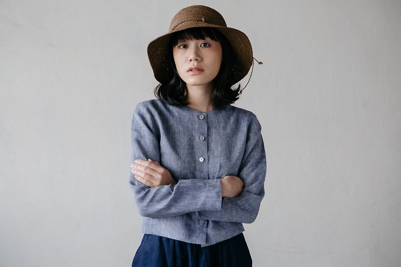 Long sleeves shirt with shell Buttons in Navy Chambray - 女装上衣 - 棉．麻 蓝色