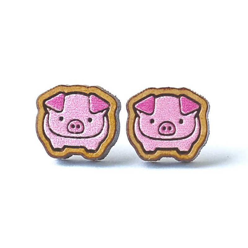彩绘木耳环-小猪猪 - 耳环/耳夹 - 木头 粉红色