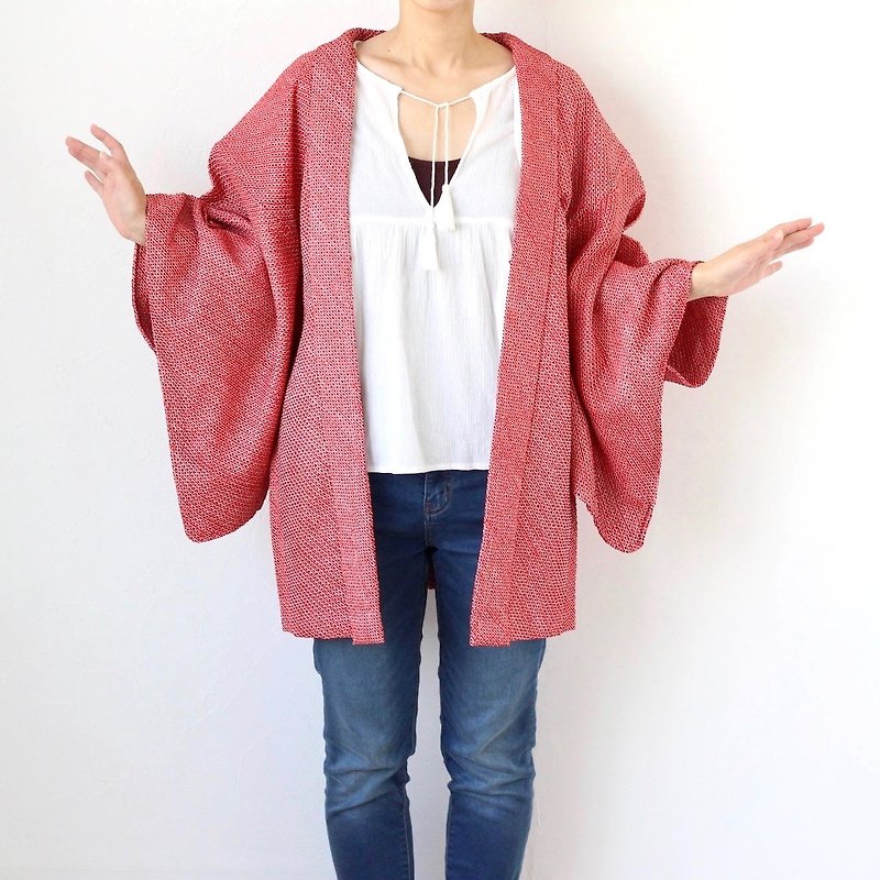 shibori kimono, red jacket, authentic kimono, Japanese shibori /2631 - 女装休闲/机能外套 - 丝．绢 红色