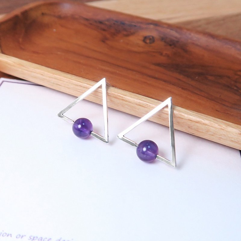 紫水晶 三角镶石耳针-925纯银天然石耳环 - 耳环/耳夹 - 纯银 紫色
