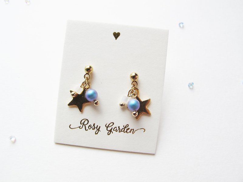 Rosy Garden 小王子星球 浅蓝色珍珠星星耳环 可换耳夹式 - 耳环/耳夹 - 其他材质 蓝色