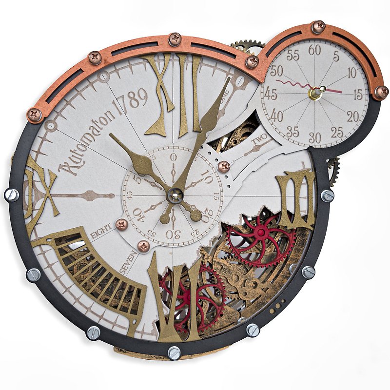 Automaton Motion Gears Wall Clock 1789 Hermitage Kinetic Art Steampunk Decor - 时钟/闹钟 - 木头 金色