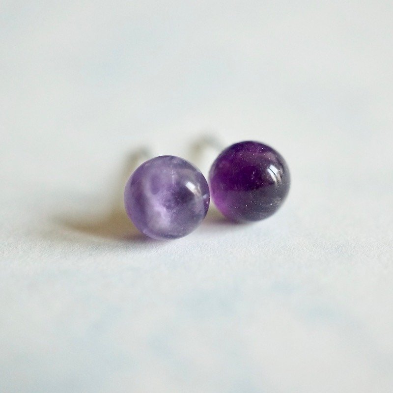 ITS-E112【耳环系列・极简天然石・6mm】紫水晶 耳针 耳环 - 耳环/耳夹 - 宝石 紫色